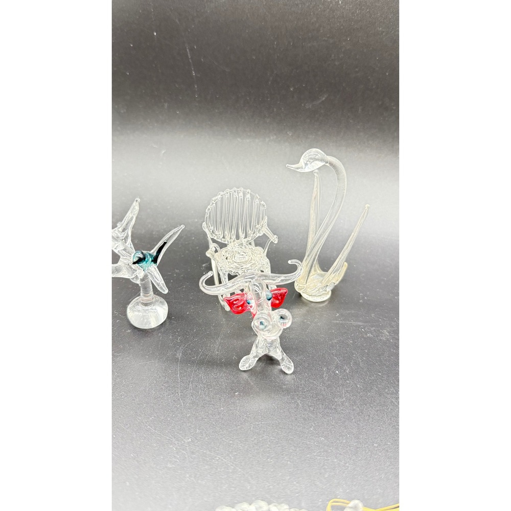 Vintage Hand Blown Spun Glass Miniatures Set Swan Rocking Chair Bird Bull 4pc